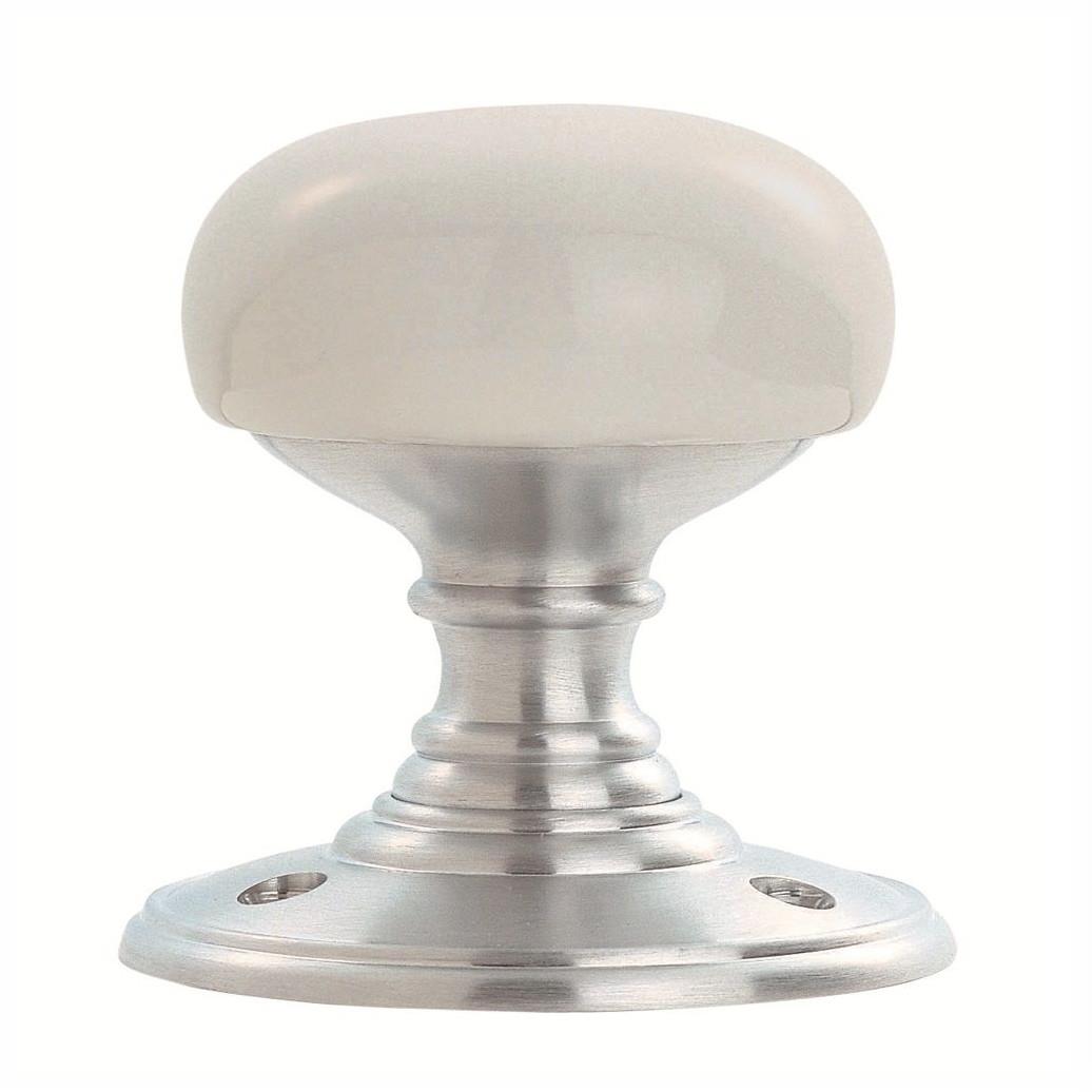 Carlisle Delamain DK34PWSC Plain White Porcelain Mortice Knob Set; 60mm Knob Diameter; 70mm Diameter Satin Chrome Plated (PWSCP) Face Fix Rose