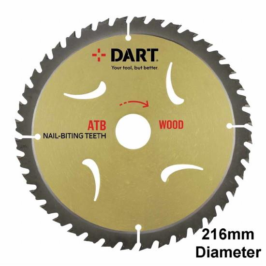 DART SSK2163040 Gold Circular TCT Wood Cutting Saw Blade; Alternate Top Bevel (ATB); 2.8mm Kerf; 2.0mm Plate; 216mm x 40 Teeth x 30mm Bore