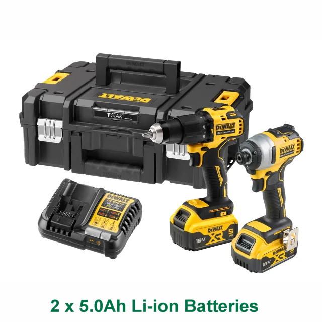 Dewalt DCK2062P2 18 Volt Brushless Twin Kit; DCD709 XR Brushless Combi Drill; DCF809 XR Brushless Impact Driver; 2 x 5.0Ah Li-ion Batteries; DCB115 XR Charger; TSTAK II Kit Box