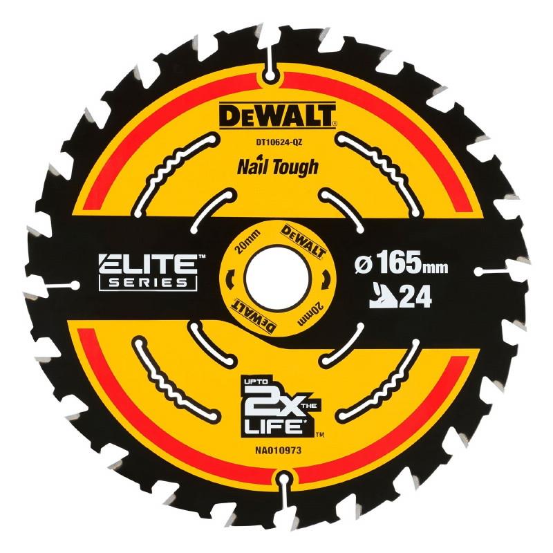 DeWalt DT10624-QZ Elite Series Circular Saw Blade; Cordless Machines; Nail Tough; 165mm x 24 Teeth x 20mm Bore; 1.66mm Kerf