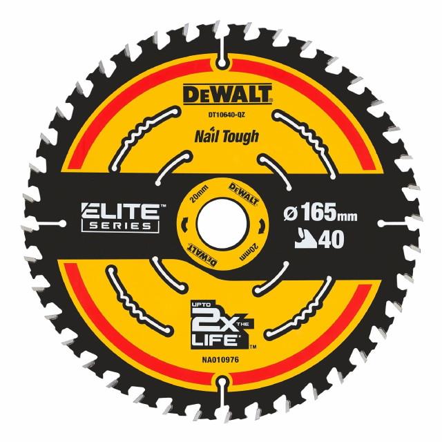 DeWalt DT10640-QZ Elite Series Circular Saw Blade; Cordless Machines; Nail Tough; 165mm x 40 Teeth x 20mm Bore; 1.66mm Kerf