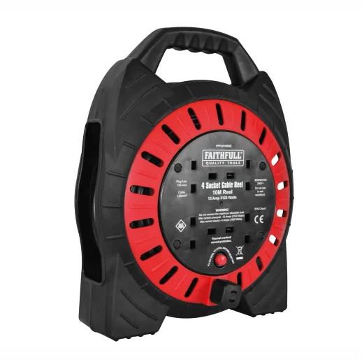 Faithfull FPPCR10MSE Semi Enclosed Cable Reel; 10 Metre; 13 Amp; 4 Sockets; 240 Volt