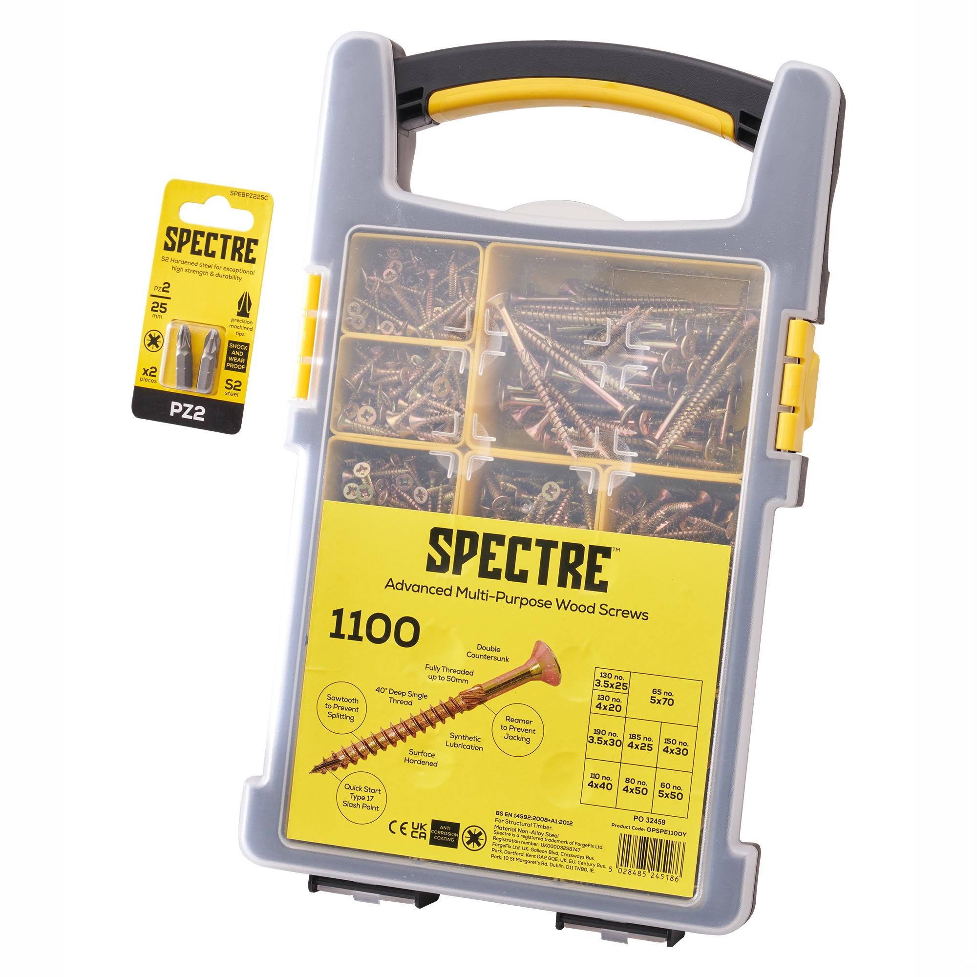 Forgefix OPSPE1100Y Screw Assortment; Spectre Advanced Multi-Purpose Woodscrews; Organiser Pro; Zinc & Yellow Passivated (ZYP); 1100 Piece Plus 2 PZ2 Driver Bits