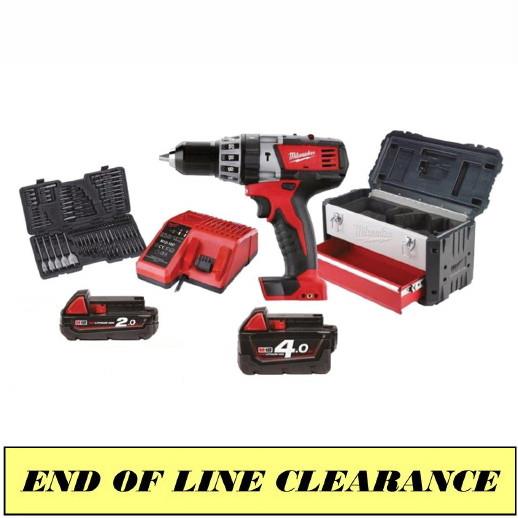 Milwaukee MBOX100PD 18 Volt Li-Ion 3 Mode Percussion Drill; Complete With 1 x 4.0 Ah And 1 x 2.0 Ah Battery; Supplied Complete With Charger In Heavy Duty Toolbox Plus 100 Piece Accessory Set