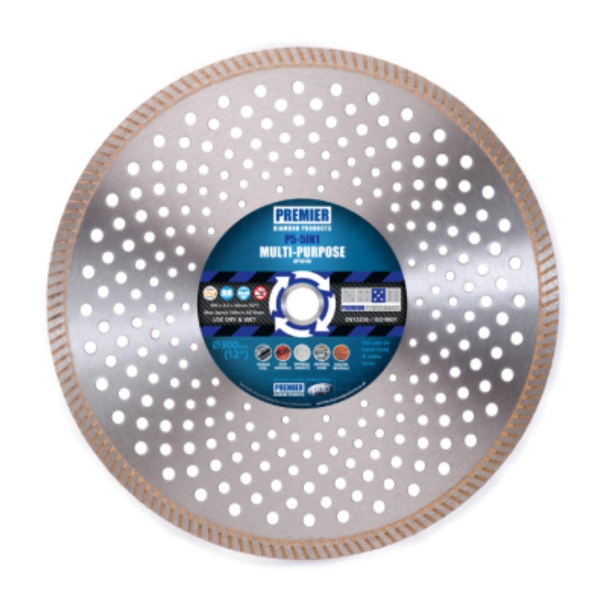 Premier Diamond DP16125 Multi Purpose 5-in-1 Diamond Blade; Cuts Ferrous Materials; Hard Materials; Universal Concrete; Universal Stone & Building Materials; 115 x 22.2mm Bore