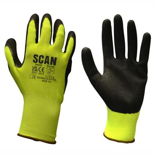 Scan SCAGLOLATYL Hi-Vis Yellow Foam Latex Coated Gloves; Large (L) (Size 9)