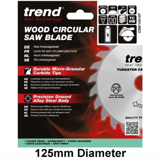 Trend CSB/12518T Craft Circular Saw Blade; Wood Cordless Range; 125mm x 18 Teeth x 20mm Bore; 1.5mm Kerf