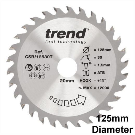 Trend CSB/12530T Craft Circular Saw Blade; Wood Cordless Range; 125mm x 30 Teeth x 20mm Bore; 1.5mm Kerf