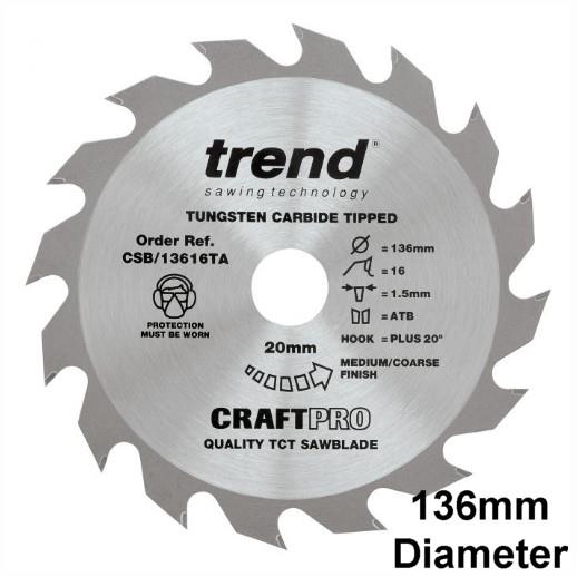 Trend CSB/13616TA Craft Cordless Trim Circular Saw Blade; 136mm x 16 Teeth x 10mm Bore; 1.5mm Kerf