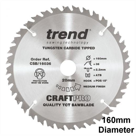 Trend CSB/16036 Craft Circular Saw Blade; 160mm x 36 Teeth x 20mm Bore; 2.2mm Kerf