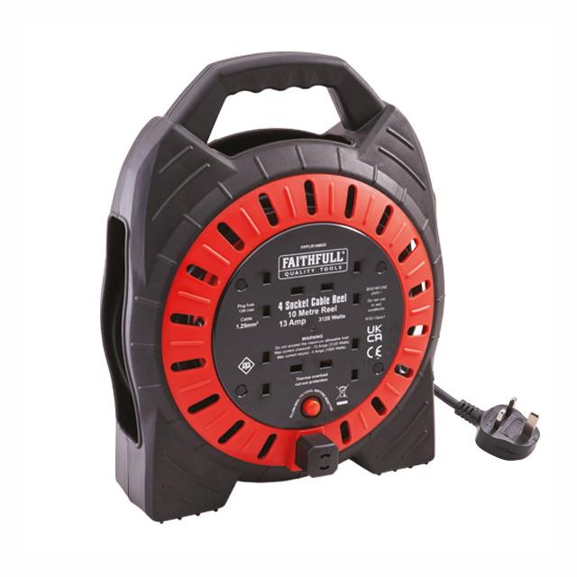 Faithfull FPPCR10MSE Semi Enclosed Cable Reel; 10 Metre; 13 Amp; 4 Sockets; 240 Volt