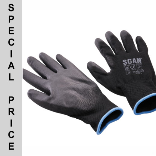 Scan GLOPU12XL Black PU Coated Gloves; EN388 EN420; Large (L) (Size 9); Pack (5 Pair)