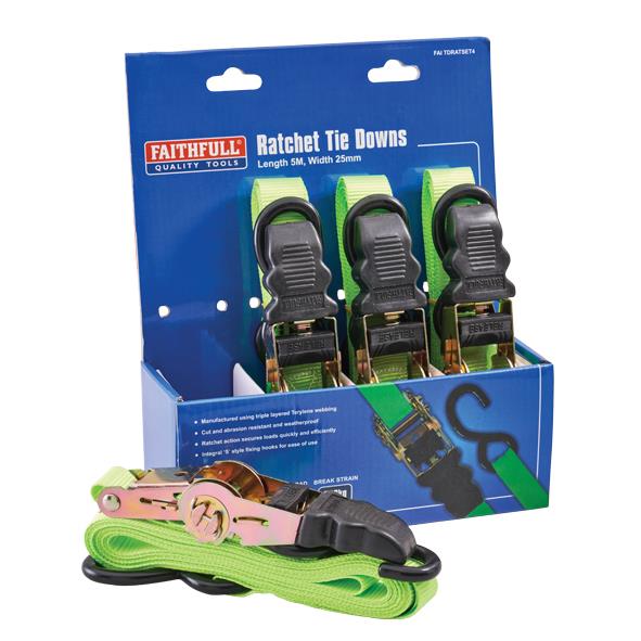 Faithfull FAITDRATSET4 Ratchet Tie Down Set; 5m x 25mm (16ft x 1in); Pack (4)